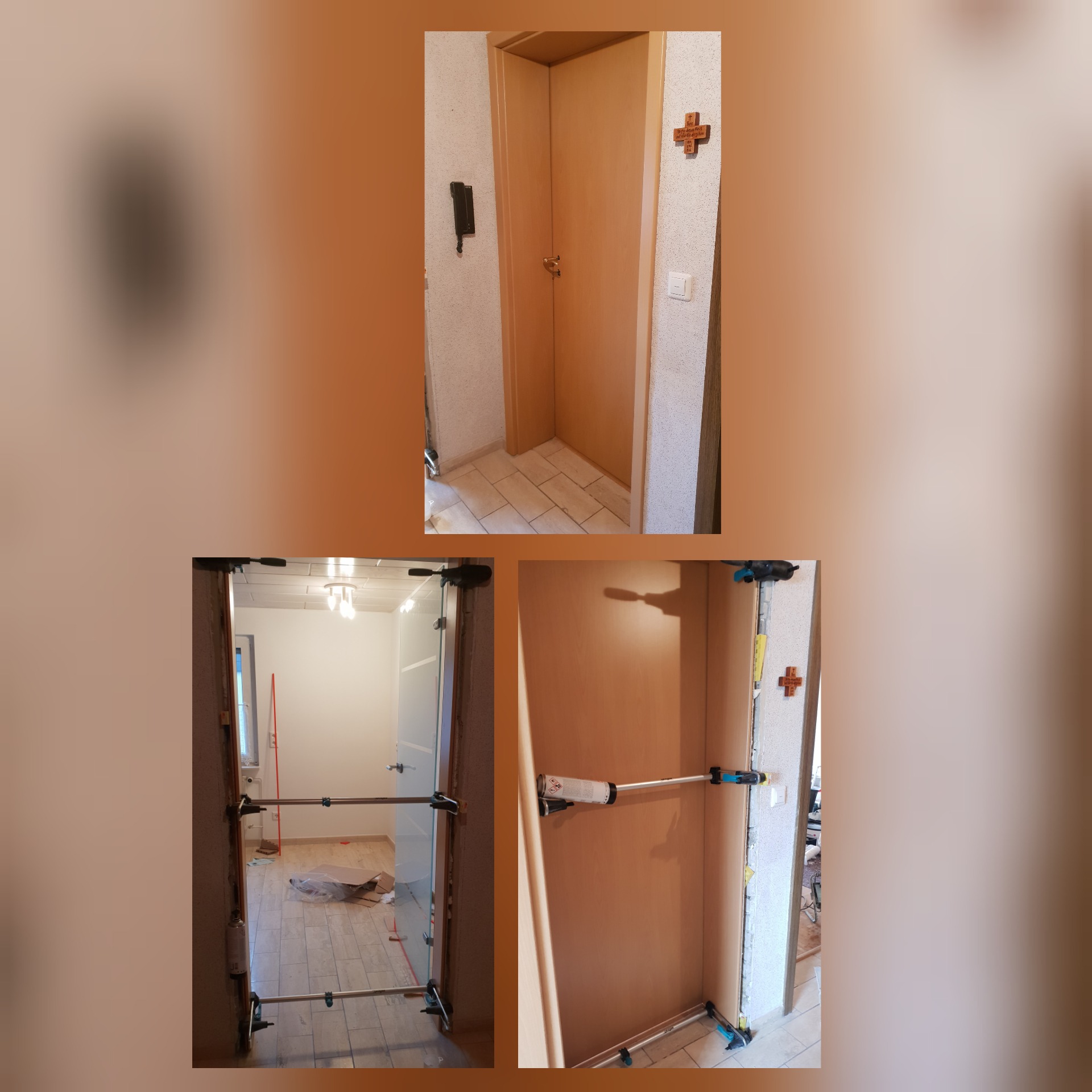 Montaż ościeżnicy drzwiowej z użyciem rozpórki teleskopowej; widoczne elementy mocujące i piana montażowa.