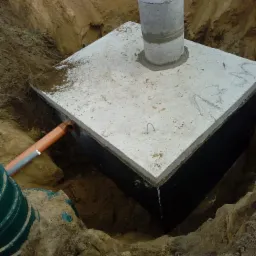 Betonowy zbiornik szamba z uszczelnioną warstwą izolacyjną, umieszczony w wykopie z widocznymi rurami kanalizacyjnymi i betonową pokrywą z uchwytem.