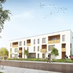 Wizualizacja nowoczesnego, trzypiętrowego budynku mieszkalnego z balkonami, otoczonego zielenią i spacerującymi ludźmi, widoczny rowerzysta na pierwszym planie, stado ptaków na niebie.