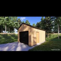 Wizualizacja projektu garażu z drewna z czarną bramą garażową i osobnym wejściem, otoczonego zielenią, z widocznym betonowym podjazdem i ogrodzeniem z żywopłotu w tle.