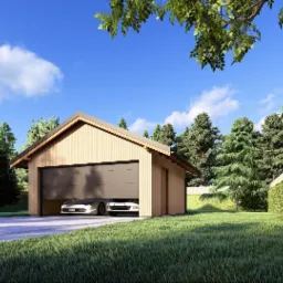 Wizualizacja drewnianego garażu z dwoma sportowymi samochodami w środku, otoczonego zielenią i wysokim ogrodzeniem obrośniętym bluszczem, błękitne niebo z chmurami w tle.