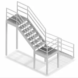 Wizualizacja 3D metalowej konstrukcji schodów przemysłowych z platformą, widok z góry w perspektywie izometrycznej, ukazujący perforowane stopnie i barierki ochronne.