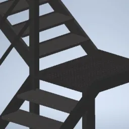 Model 3D schodów stalowych z platformą, widok z dołu, prezentacja konstrukcji.