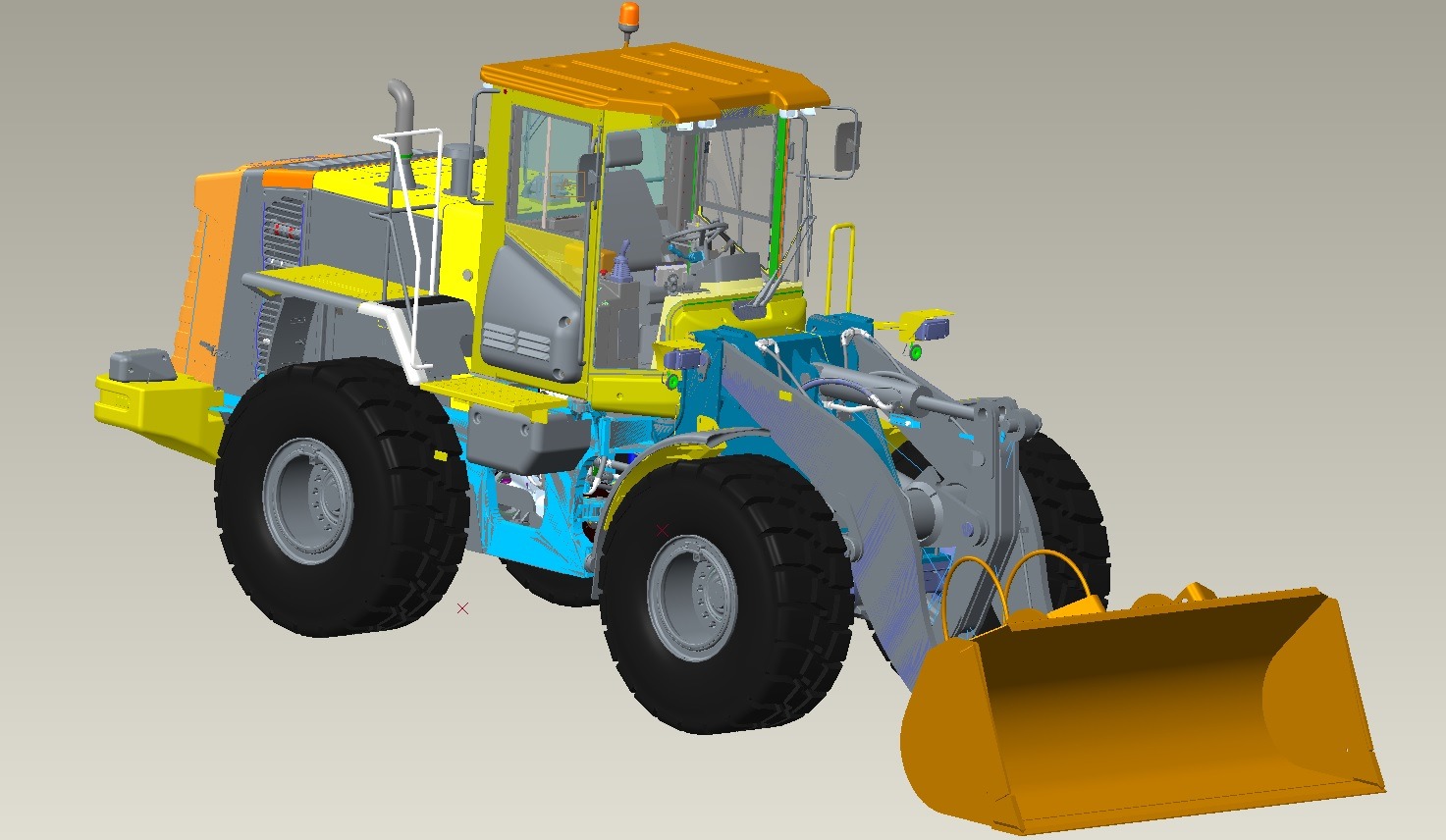 Kolorowy model 3D ładowarki kołowej, widok z przodu i z boku, z widocznymi elementami konstrukcyjnymi i detalami technicznymi.