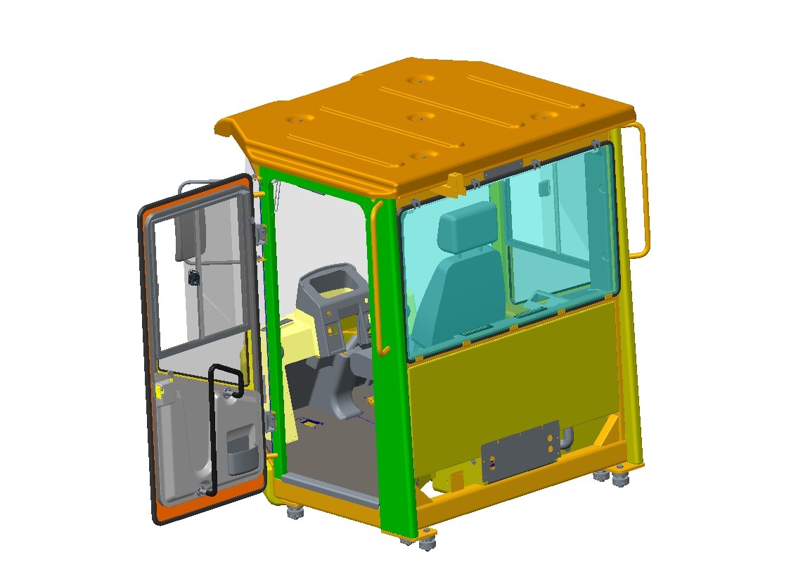 Model 3D kabiny maszyny budowlanej z otwartymi drzwiami, widoczne wnętrze z fotelem i kierownicą, żółto-zielona kolorystyka.