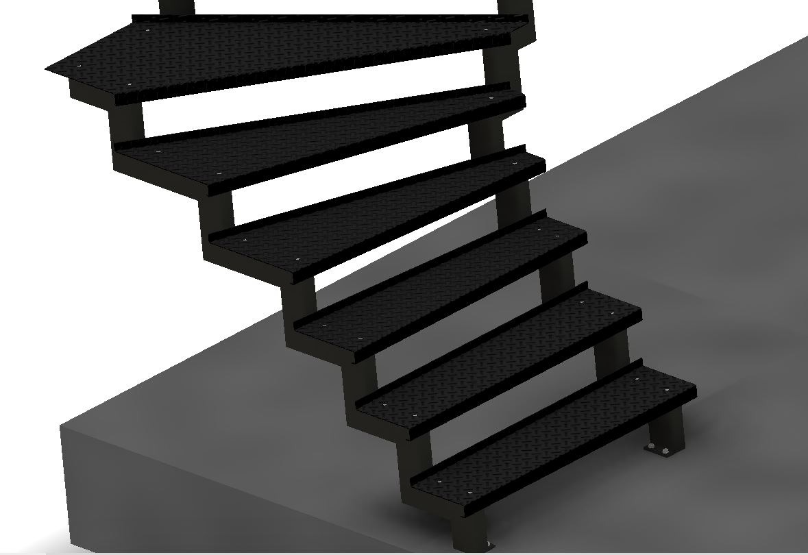 Czarno-szary model CAD schodów metalowych z powierzchnią antypoślizgową, widok z góry.