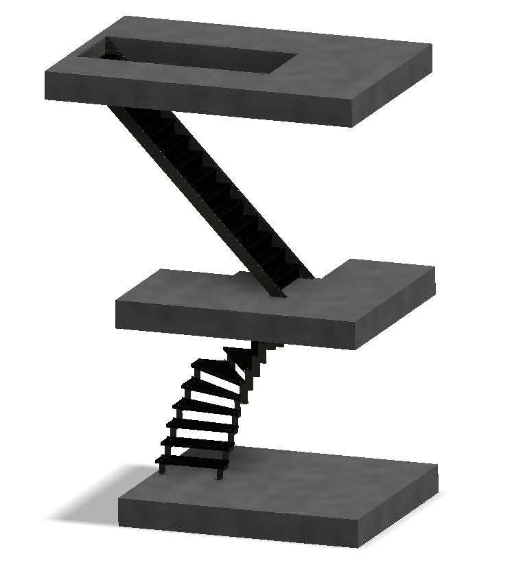 Model 3D budynku z dwoma piętrami połączonymi schodami prostymi i spiralnymi, wizualizacja CAD.