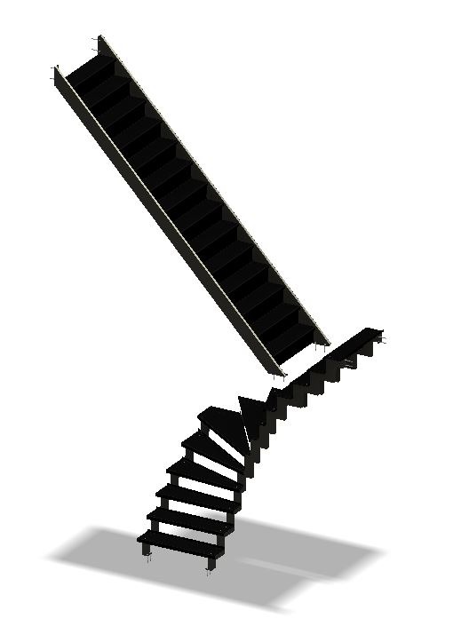 Wizualizacja 3D schodów prostych i spiralnych w kolorze czarnym na białym tle.