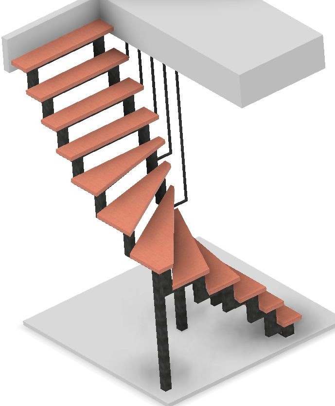 Wizualizacja 3D schodów z drewnianymi stopniami i czarnymi wspornikami na szarym tle.