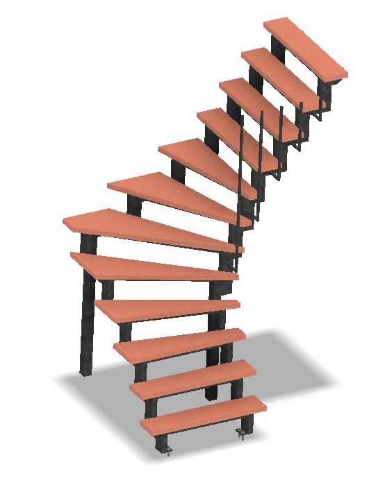 Wizualizacja schodów spiralnych z drewnianymi stopniami i czarną metalową konstrukcją nośną na białym tle.