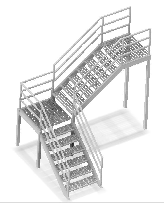 Model 3D metalowych schodów przemysłowych z platformami, widok z góry, szara kolorystyka.