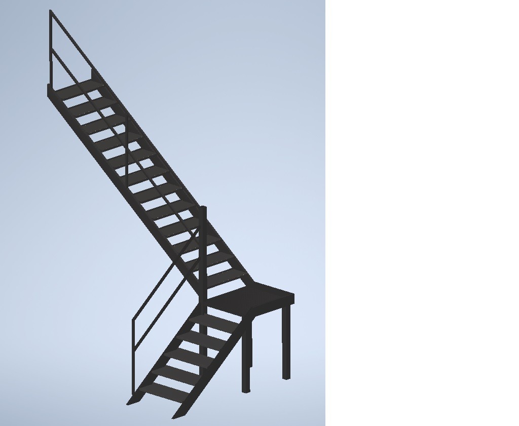 Model 3D schodów stalowych z platformą, widok z boku na jasnoniebieskim tle.