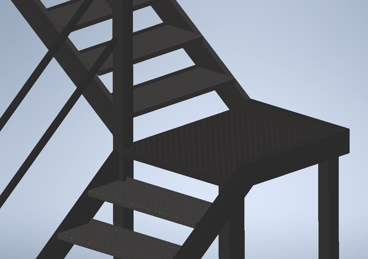 Model 3D schodów stalowych z platformą, widok z dołu, prezentacja konstrukcji.