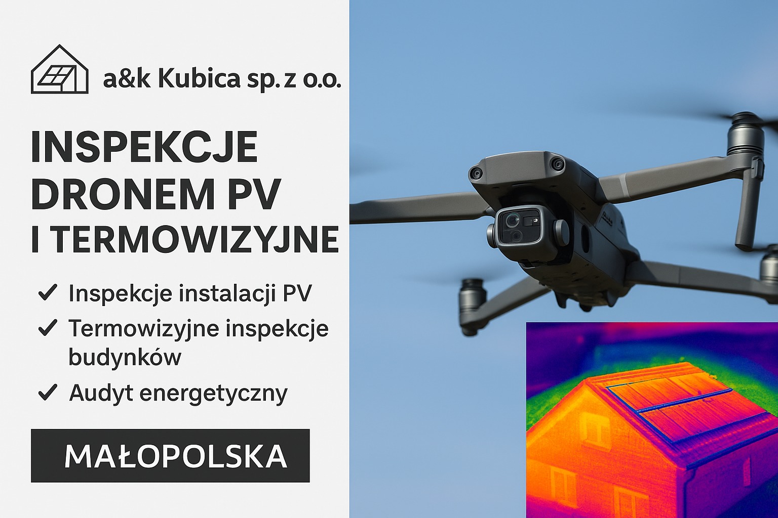 Inspekcja dronem PV w Myślenicach. Dron w locie, termowizja dachu z panelami. Kontrola instalacji, audyt energetyczny, termowizyjne inspekcje budynków w Małopolsce.