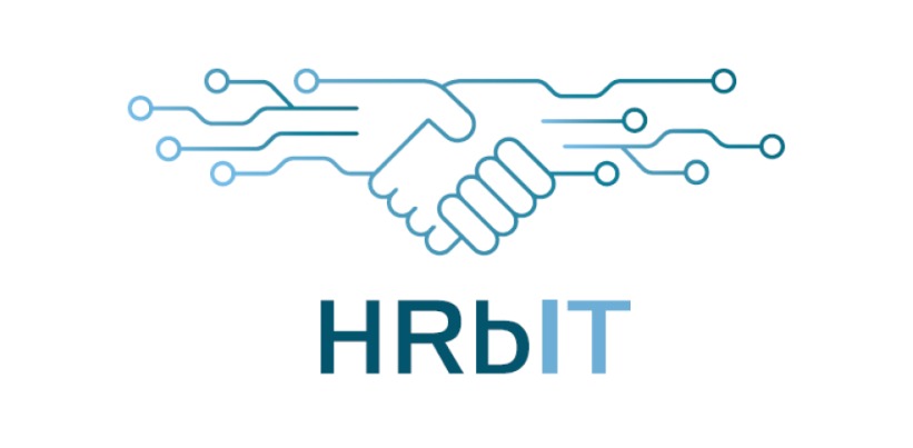 Grafika przedstawia stylizowany symbol uścisku dłoni, połączony z obwodem elektronicznym w odcieniach niebieskiego, umieszczony nad napisem 'HRbIT'.