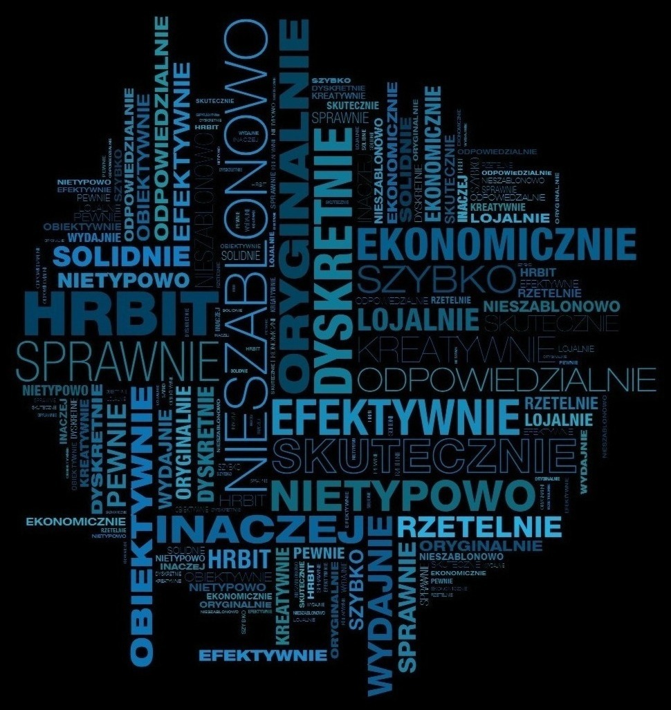 Chmura słów w odcieniach niebieskiego na czarnym tle, zawierająca wyrazy takie jak: ekonomicznie, rzetelnie, nietypowo, innowacyjnie, obiektywnie, dyskretnie, kreatywnie, odpowiedzialnie, szybki...