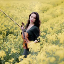 Kobieta w zielonej sukience trzymająca skrzypce i smyczek na tle kwitnącego pola rzepaku.