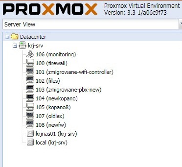 Interfejs Proxmox Virtual Environment prezentujący widok serwera z listą wirtualnych maszyn, w tym monitoring, firewall, kontroler wifi, serwer plików i PBX.