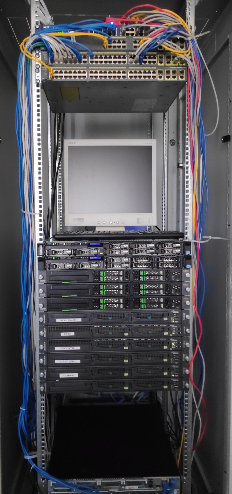 Serwerownia z widocznym monitorem Acer, klawiaturą, przełącznikami sieciowymi i okablowaniem w szafie rack.