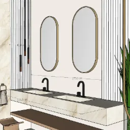 Wizualizacja łazienki z dwoma owalnymi lustrami, marmurowym blatem z podwójną umywalką, grzejnikiem drabinkowym i dekoracyjnymi lampami wiszącymi.