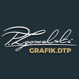 Logo firmy z odręcznym napisem 'P. Zgorzelski' w kolorze białym z cieniem na ciemnym tle, pod spodem napis 'GRAFIK.DTP' w kolorze złotym.
