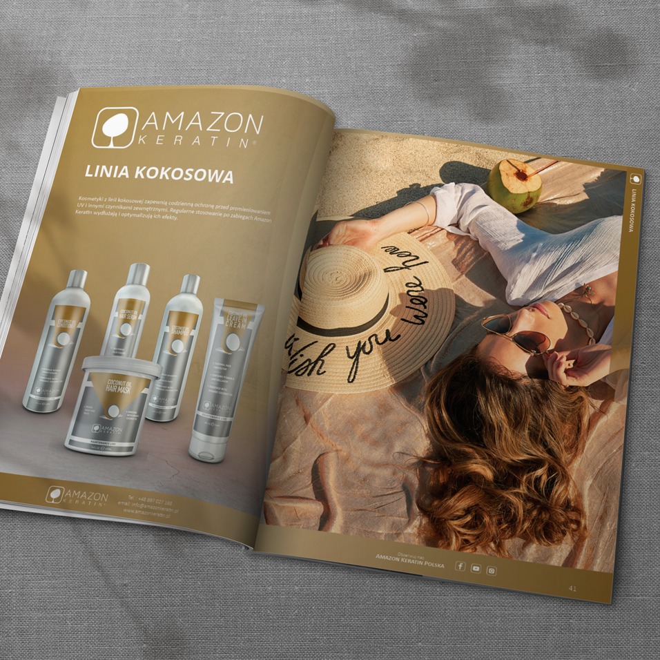 Otwarta strona magazynu reklamowego Amazon Keratin: po lewej stronie produkty z linii kokosowej, po prawej kobieta w okularach przeciwsłonecznych relaksująca się na plaży obok kapelusza z napisem...