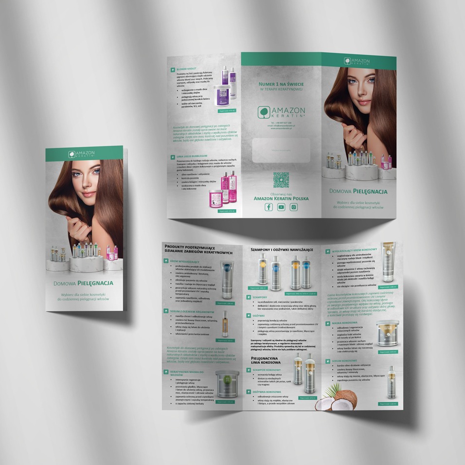 Rozłożona trójdzielna ulotka reklamowa kosmetyków do pielęgnacji włosów Amazon Keratin, prezentująca linię produktów z kokosem i keratyną, z wizerunkiem modelki o długich, gładkich włosach.