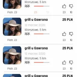 Ekran aplikacji mobilnej z listą wydarzeń o nazwie 'grill u Gawrona', datą 12 marca 2020, lokalizacją Warszawa (5km), ceną 25 PLN, liczbą uczestnik&oacute;w oraz ocenami użytkownik&oacute;w, w minimalistycznym...