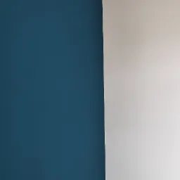 Ściana pomalowana na ciemny niebieski kolor styka się z białą ścianą i sufitem, widoczna czarna podłoga.