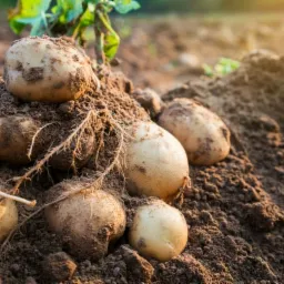 Świeżo wykopane ziemniaki w brudnej ziemi, widoczne korzenie i fragment rośliny, ciepłe światło słoneczne.