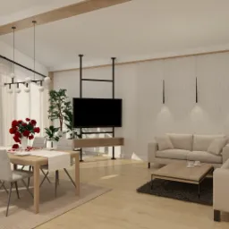 Jasne wnętrze z drewnianymi akcentami: stół z bukietem czerwonych róż, sofa z poduszkami, telewizor na metalowej konstrukcji i ceglana ściana z minimalistycznymi lampami.