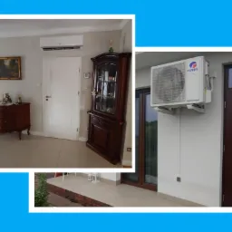 Wnętrze pokoju z zamontowaną jednostką wewnętrzną klimatyzacji na ścianie oraz jednostka zewnętrzna klimatyzacji zamontowana na elewacji budynku, widoczne białe rurki odprowadzające skropliny.