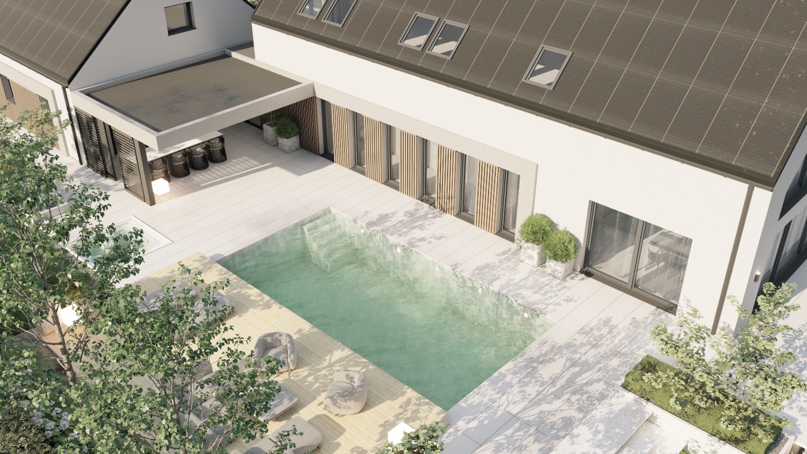 Wizualizacja nowoczesnego domu z basenem, drewnianym tarasem i zewnętrznym jacuzzi, widok z góry.