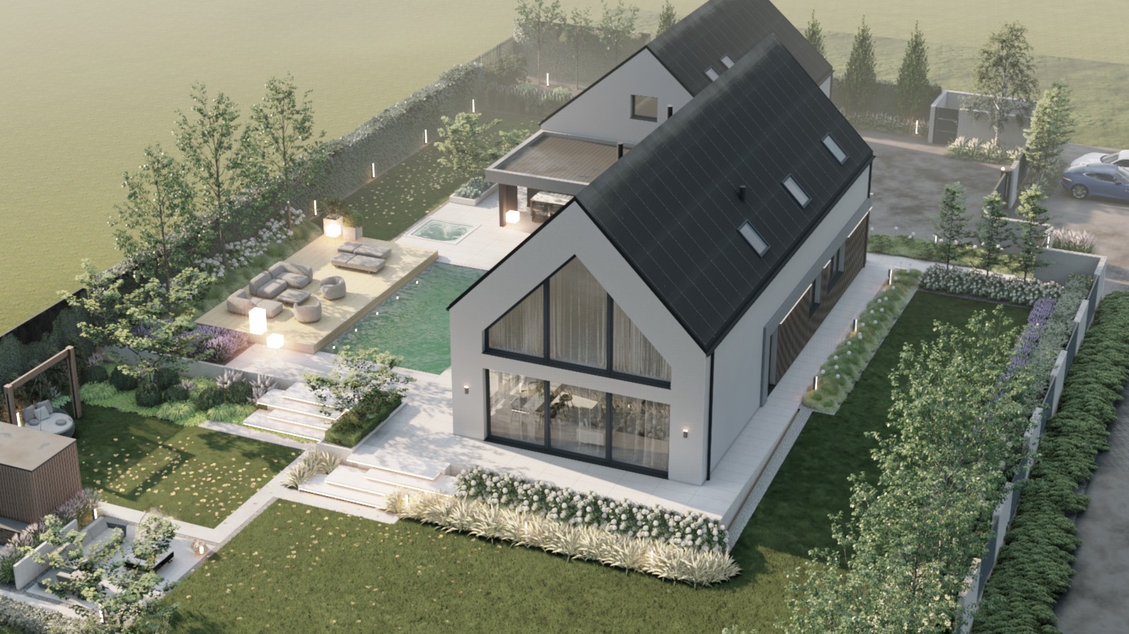 Wizualizacja z lotu ptaka nowoczesnego domu z ogrodem, basenem i jacuzzi, oświetlonymi ścieżkami oraz elementami małej architektury.