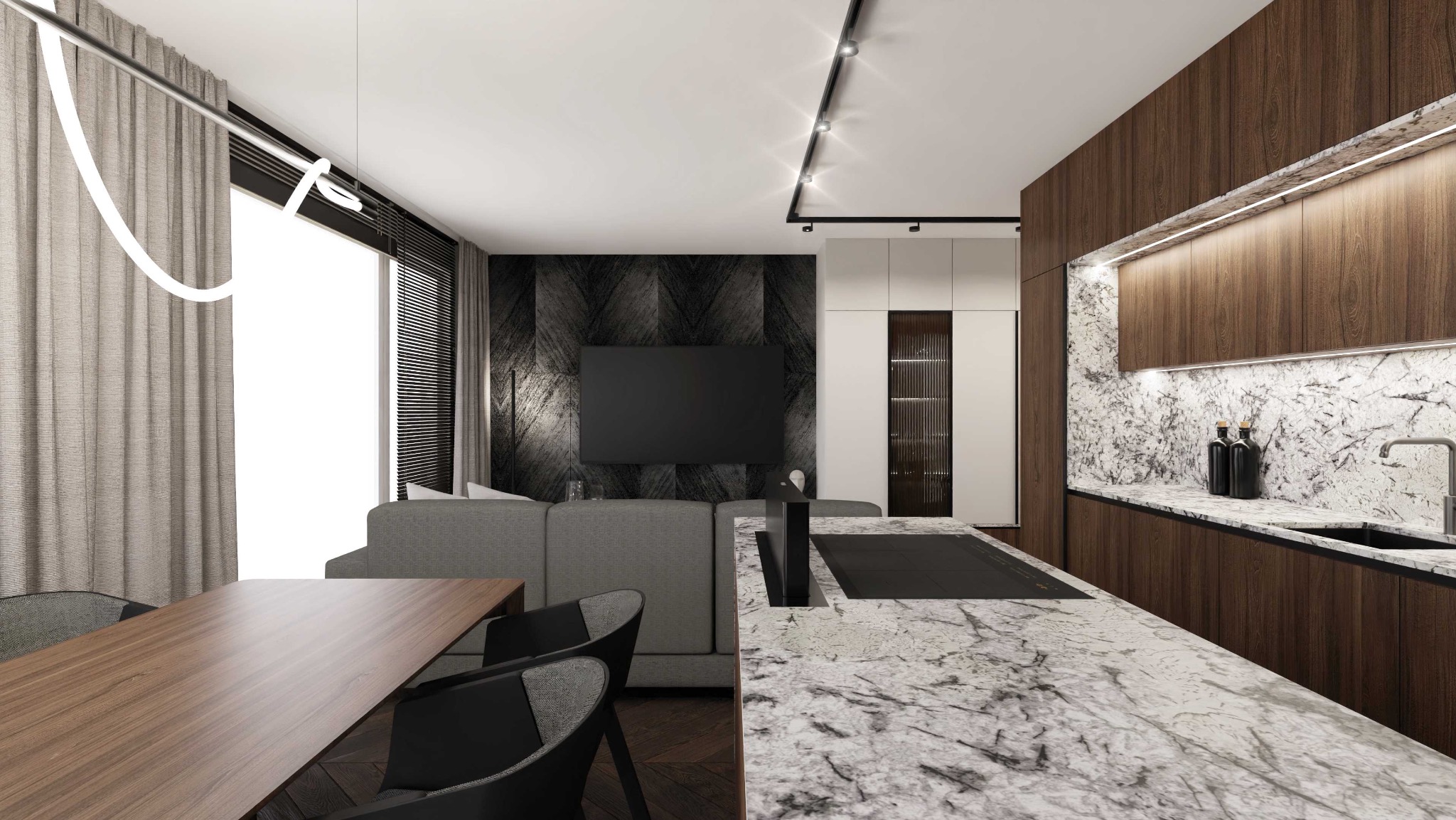 Nowoczesne wnętrze: salon z szarą sofą, drewnianym stołem i kuchnią z marmurowym blatem oraz drewnianymi szafkami podświetlonymi ledami.