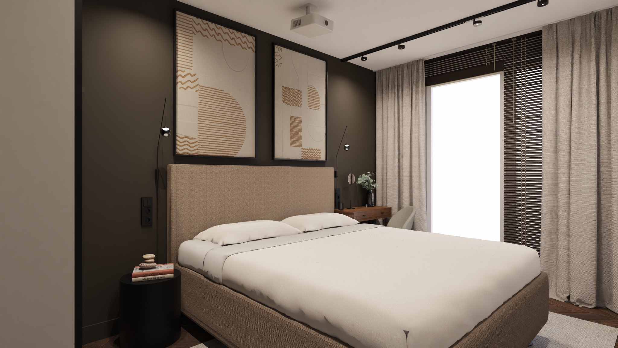 Nowoczesna sypialnia z beżowym łóżkiem, abstrakcyjnymi obrazami na ścianie i projektorem sufitowym.