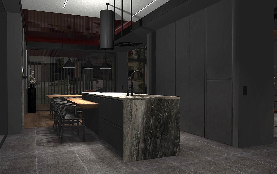 Nowoczesna kuchnia w ciemnej tonacji z wyspą o marmurowym wykończeniu, oświetlona trzema wiszącymi lampami stożkowymi i listwą LED w suficie, widok na zewnątrz przez duże okna.