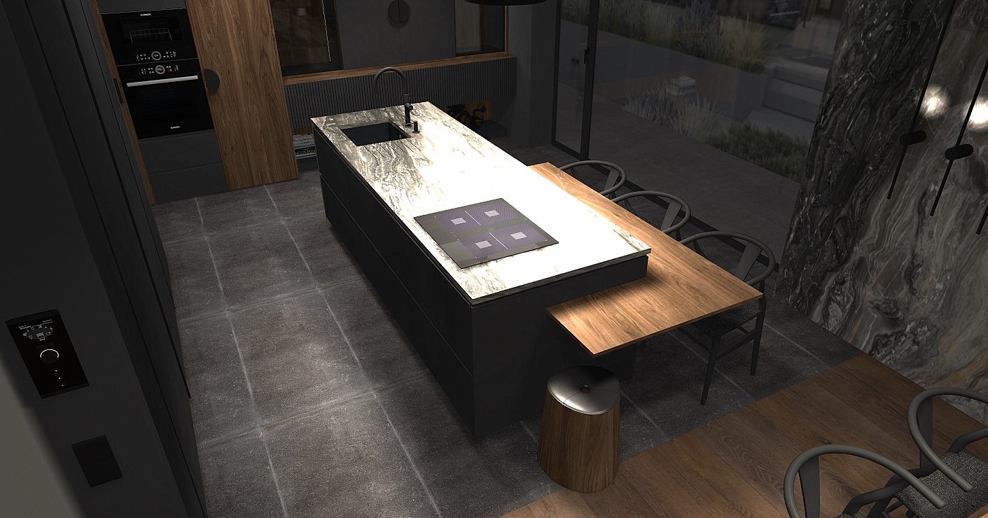 Nowoczesna kuchnia z wyspą, marmurowym blatem, płytą indukcyjną i minimalistycznym zlewem. Widoczny panel sterowania systemem domu na ścianie.