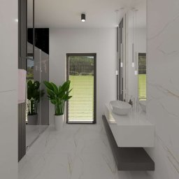 Radwańska Małgorzata Projektowanie Wnętrz - Nowoczesna łazienka z marmurową podłogą, minimalistyczną umywalką na blacie i roślinami doniczkowymi. Widok na zewnątrz przez okno z żaluzjami.