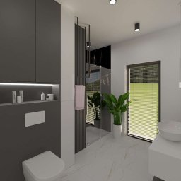 Radwańska Małgorzata Projektowanie Wnętrz - Minimalistyczna łazienka z kabiną typu walk-in, szarą zabudową, podwieszaną toaletą i marmurową posadzką z złotymi żyłami. Roślina doniczkowa dodaje świeżości.