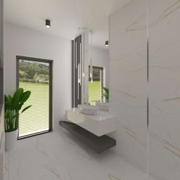 Radwańska Małgorzata Projektowanie Wnętrz - Nowoczesna łazienka z marmurowymi płytkami, wiszącą szafką z umywalką i dużym oknem z widokiem na zieleń. Minimalistyczne oświetlenie punktowe i dekoracyjne lampy wiszące.