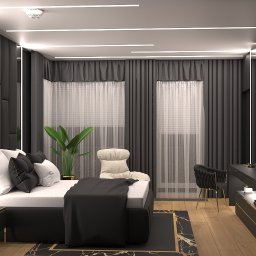 Radwańska Małgorzata Projektowanie Wnętrz - Elegancka sypialnia w odcieniach szarości z akcentami złota. Tapicerowane ściany, minimalistyczne oświetlenie LED, designerskie meble i dekoracje tworzą luksusowy klimat.
