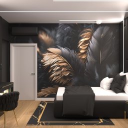 Radwańska Małgorzata Projektowanie Wnętrz - Nowoczesna sypialnia w czerni i złocie: tapeta z motywem piór, pikowane panele ścienne, biurko z krzesłem i dywan z marmurowym wzorem. Minimalistyczny design.