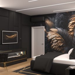 Radwańska Małgorzata Projektowanie Wnętrz - Nowoczesna sypialnia w czerni i złocie: tapeta z motywem piór, pikowana ściana, minimalistyczne meble z akcentami złota i designerskie krzesło. Subtelne oświetlenie LED.