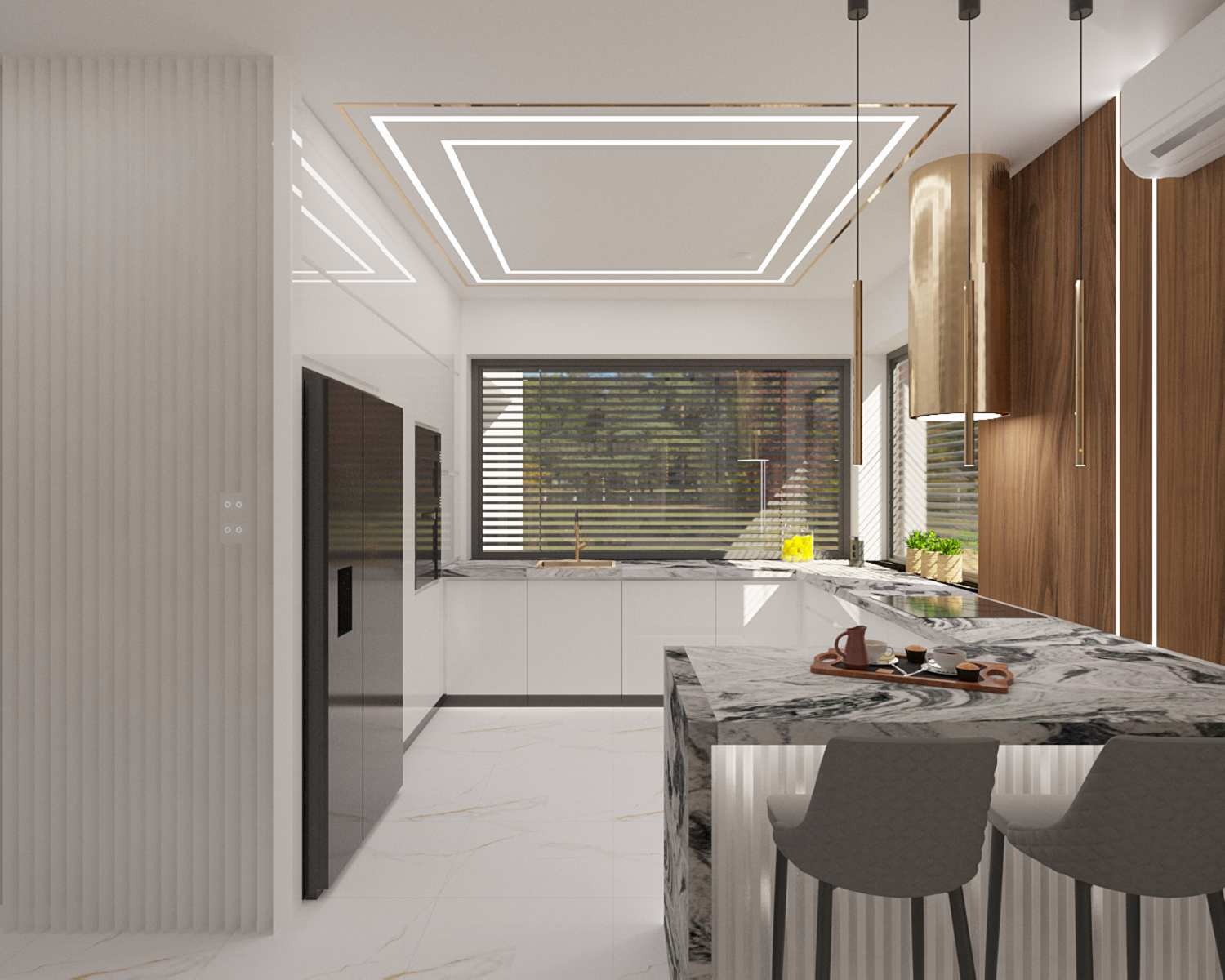 Nowoczesna kuchnia w Piasecznie: białe szafki, marmurowy blat wyspy z hokerami, złote lampy wiszące i dekoracyjne oświetlenie sufitowe. Minimalistyczny design.