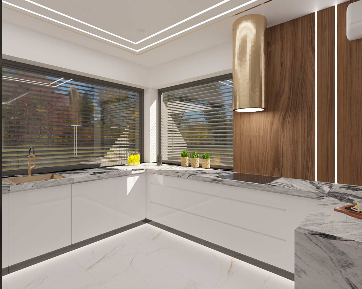 Nowoczesna kuchnia w bieli z marmurowym blatem i złotymi akcentami. Duże okna z żaluzjami wpuszczają naturalne światło. Złoty okap nad płytą grzewczą.