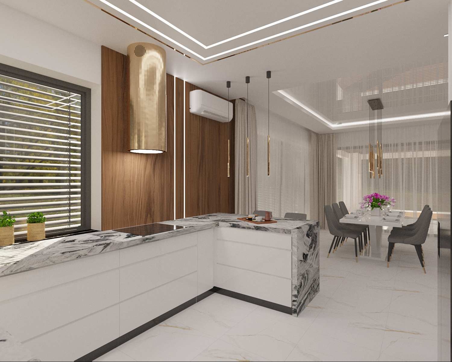 Nowoczesna kuchnia z marmurowym blatem i złotym okapem na tle drewnianej ściany. W tle jadalnia z kwiatami i szarymi krzesłami. Całość w jasnej tonacji.