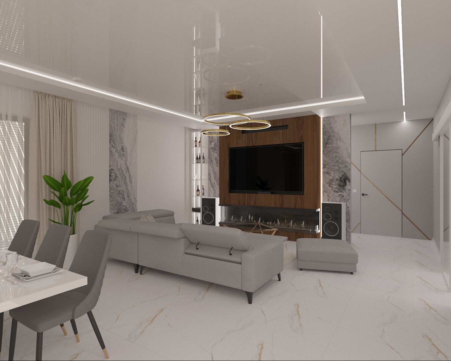 Wizualizacja salonu z szarą sofą narożną, telewizorem na drewnianej ścianie i marmurową podłogą. Nowoczesne oświetlenie sufitowe i minimalistyczny design.