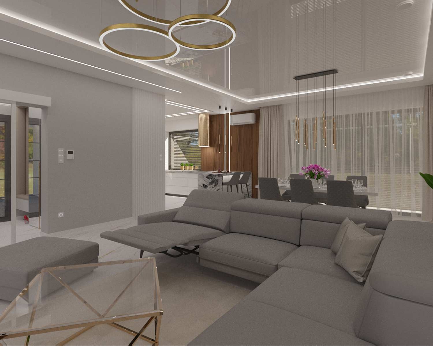 Wizualizacja salonu z szarą sofą narożną, szklanym stolikiem kawowym i otwartą kuchnią w tle. Nowoczesne oświetlenie sufitowe i duże okna z zasłonami.