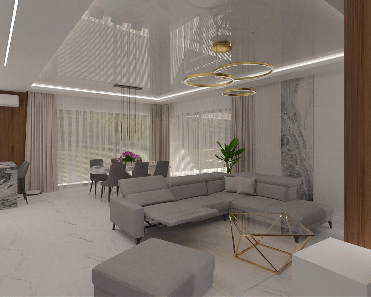 Wizualizacja przestronnego salonu z szarym narożnikiem z funkcją relaks, marmurową ścianą i okrągłymi lampami. Widok na jadalnię z kwiatami na stole.